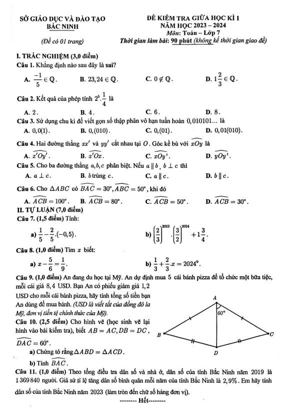 Đề kiểm tra giữa học kỳ 1 Toán 7 năm 2023 – 2024 sở GD&ĐT Bắc Ninh
