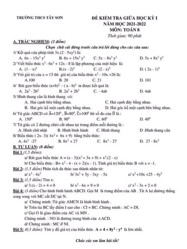 Đề kiểm tra giữa học kỳ 1 Toán 8 năm 2021 – 2022 trường THCS Tây Sơn – Hà Nội
