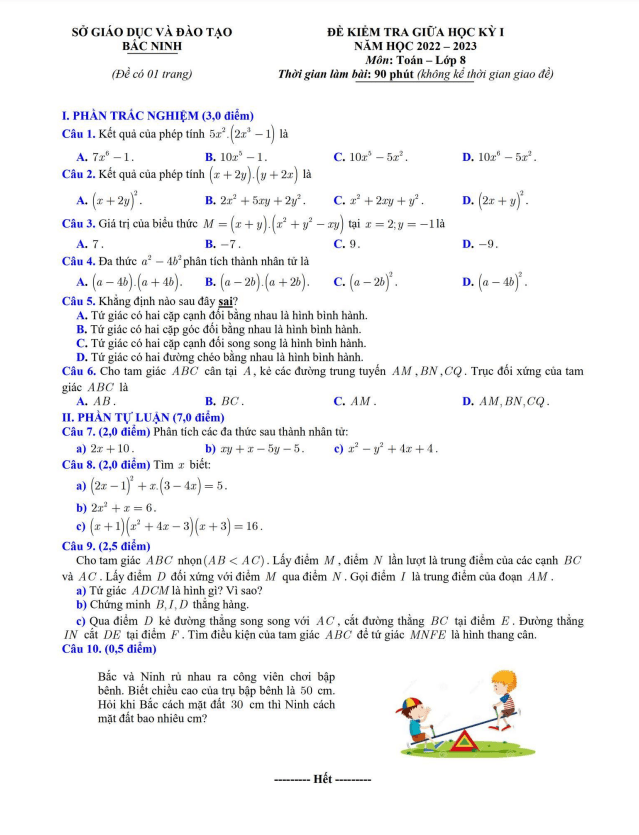 Đề kiểm tra giữa học kỳ 1 Toán 8 năm 2022 – 2023 sở GD&ĐT Bắc Ninh