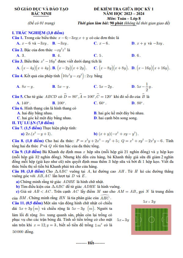 Đề kiểm tra giữa học kỳ 1 Toán 8 năm 2023 – 2024 sở GD&ĐT Bắc Ninh