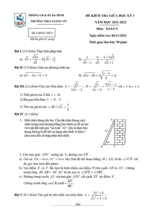 Đề kiểm tra giữa học kỳ 1 Toán 9 năm 2021 – 2022 trường THCS Giảng Võ – Hà Nội