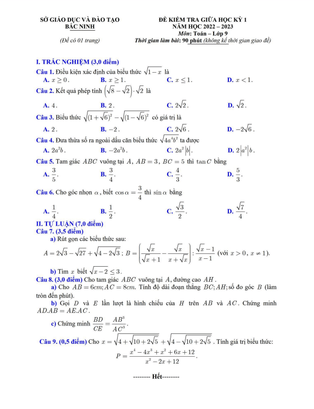 Đề kiểm tra giữa học kỳ 1 Toán 9 năm 2022 – 2023 sở GD&ĐT Bắc Ninh