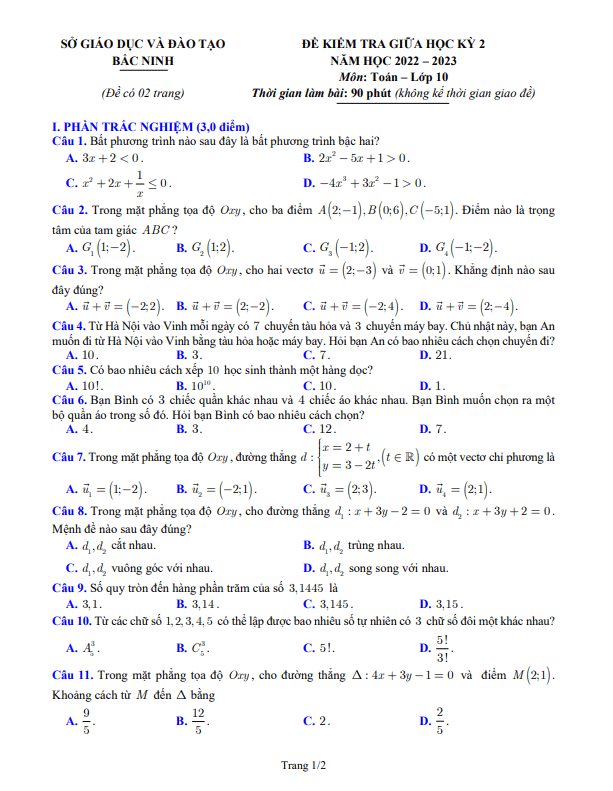 Đề kiểm tra giữa học kỳ 2 Toán 10 năm 2022 – 2023 sở GD&ĐT Bắc Ninh