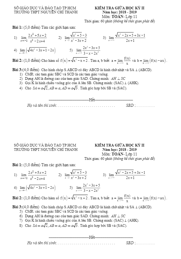Đề kiểm tra giữa học kỳ 2 Toán 11 năm 2018 – 2019 trường Nguyễn Chí Thanh – TP HCM