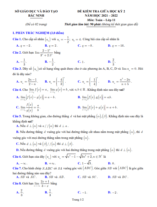 Đề kiểm tra giữa học kỳ 2 Toán 11 năm 2021 – 2022 sở GD&ĐT Bắc Ninh