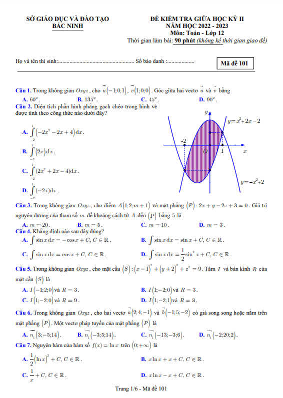 Đề kiểm tra giữa học kỳ 2 Toán 12 năm 2022 – 2023 sở GD&ĐT Bắc Ninh