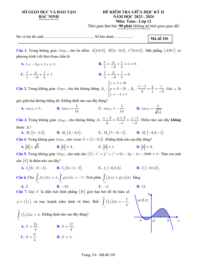 Đề kiểm tra giữa học kỳ 2 Toán 12 năm 2023 – 2024 sở GD&ĐT Bắc Ninh