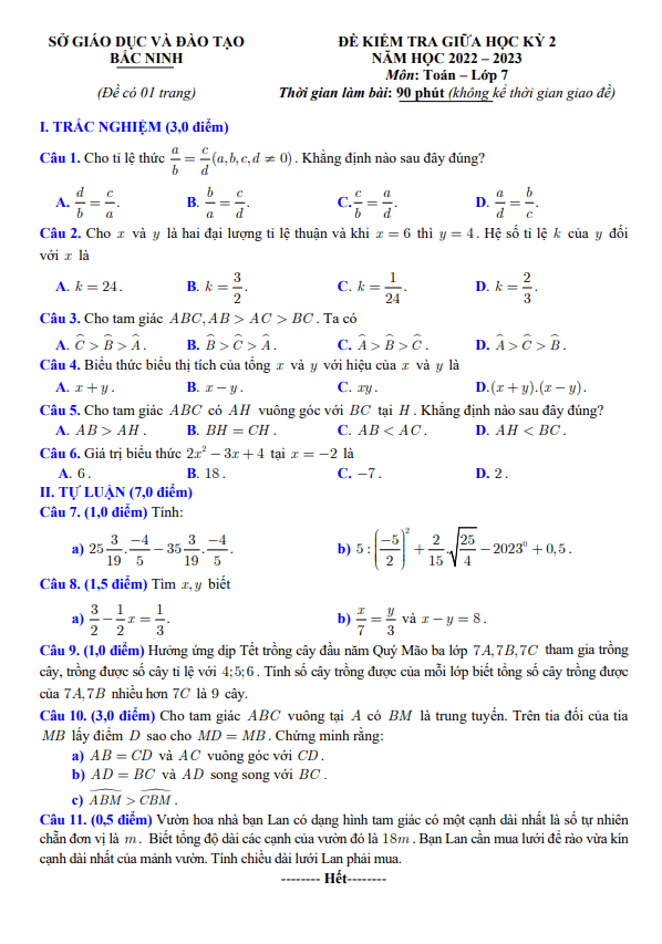 Đề kiểm tra giữa học kỳ 2 Toán 7 năm 2022 – 2023 sở GD&ĐT Bắc Ninh