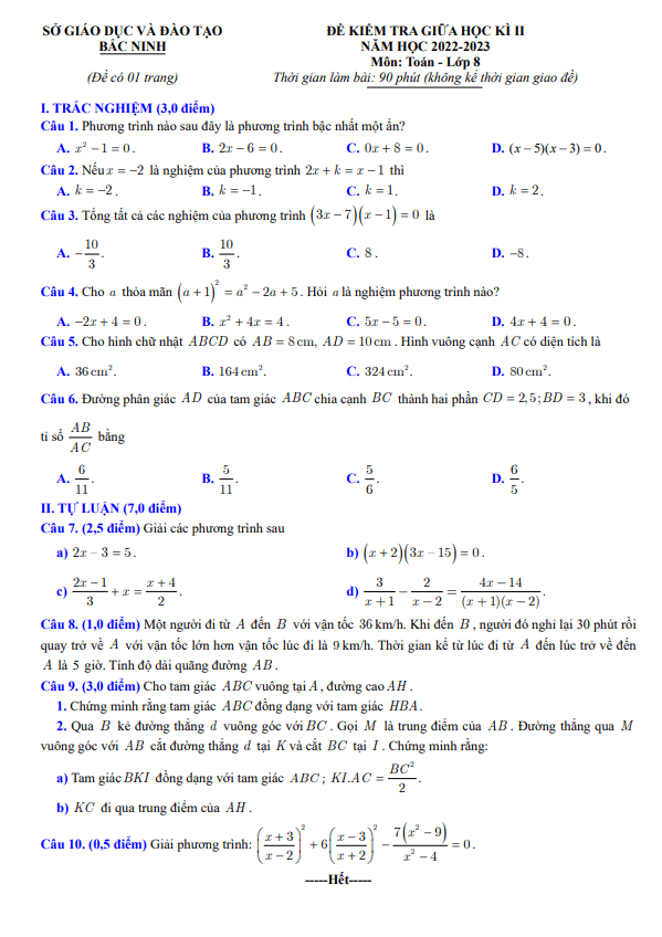 Đề kiểm tra giữa học kỳ 2 Toán 8 năm 2022 – 2023 sở GD&ĐT Bắc Ninh