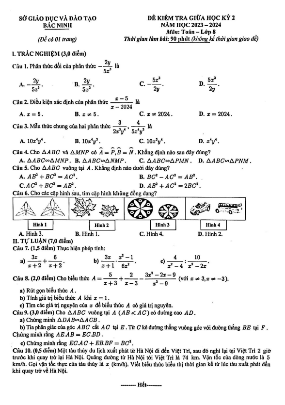 Đề kiểm tra giữa học kỳ 2 Toán 8 năm 2023 – 2024 sở GD&ĐT Bắc Ninh