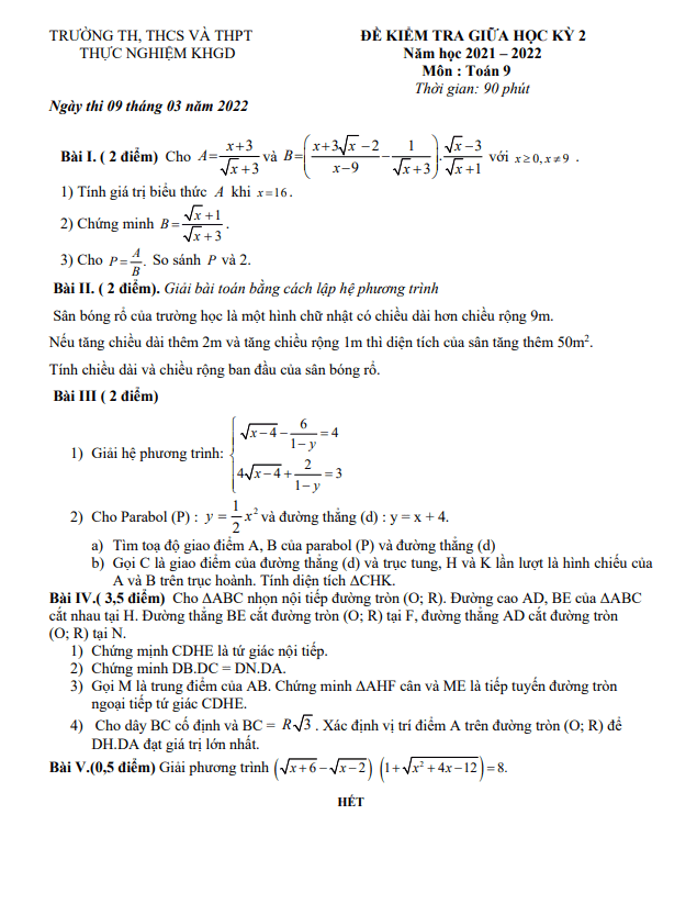 Đề kiểm tra giữa học kỳ 2 Toán 9 năm 2021 – 2022 trường Thực Nghiệm KHGD – Hà Nội