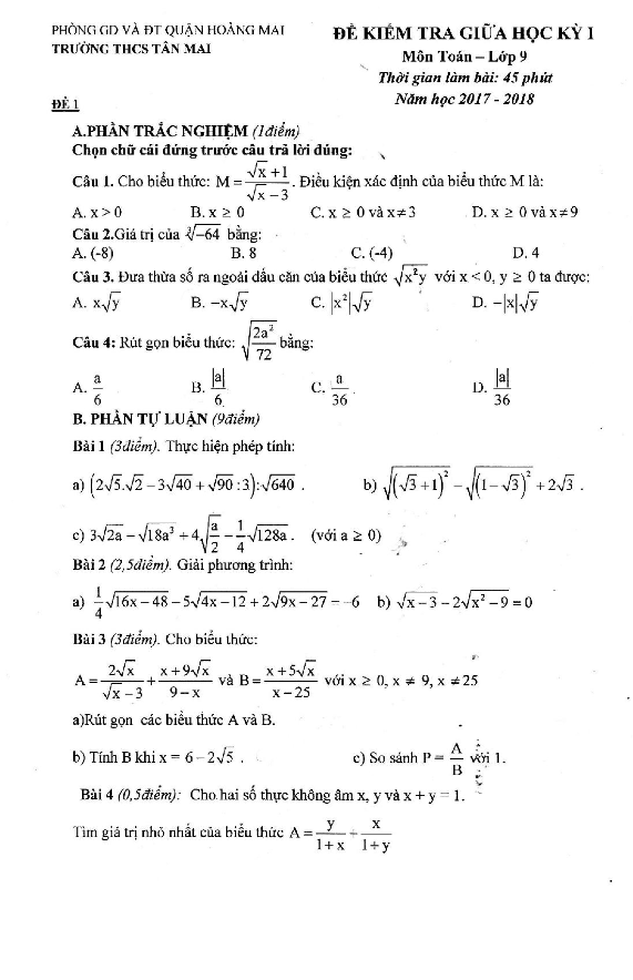 Đề kiểm tra giữa học kỳ I môn Toán 9 năm học 2017 – 2018 trường THCS Tân Mai – Hà Nội