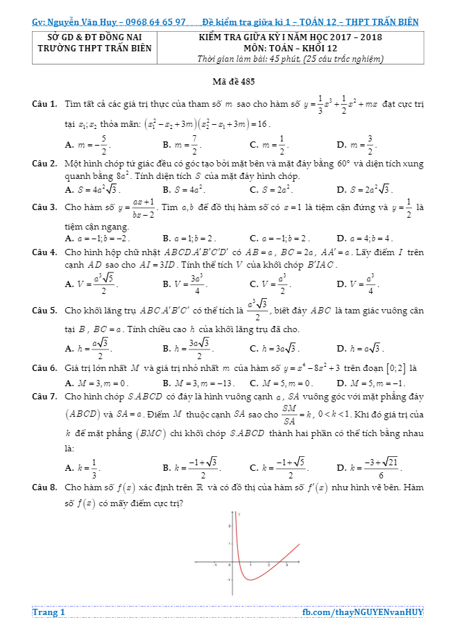 Đề kiểm tra giữa học kỳ I năm học 2017 – 2018 môn Toán 12 trường THPT Trấn Biên – Đồng Nai