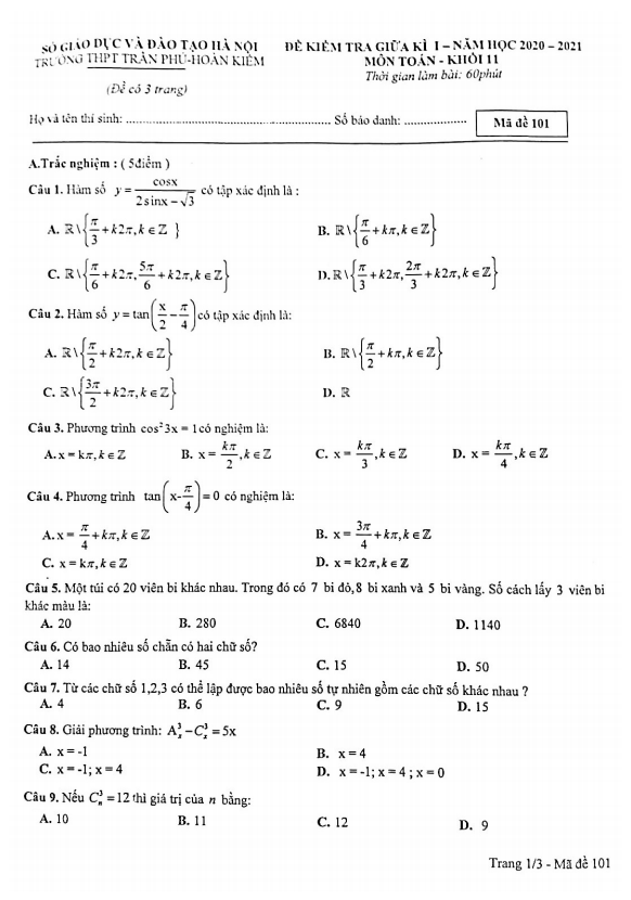 Đề kiểm tra giữa kì 1 Toán 11 năm 2020 – 2021 trường THPT Trần Phú – Hà Nội
