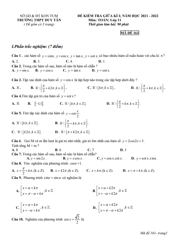 Đề kiểm tra giữa kì 1 Toán 11 năm 2021 – 2022 trường THPT Duy Tân – Kon Tum