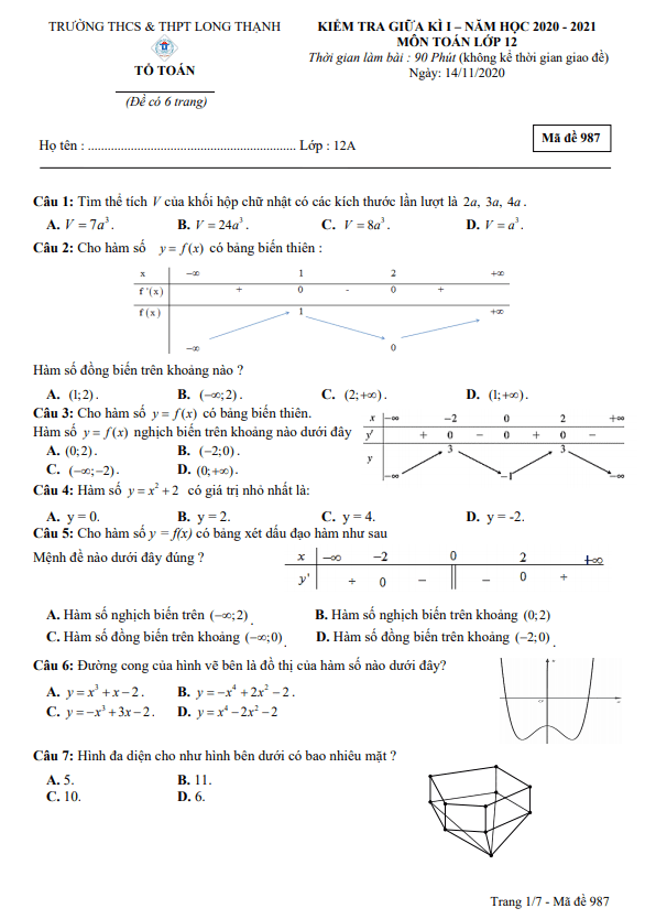 Đề kiểm tra giữa kì 1 Toán 12 năm 2020 – 2021 trường THCS&THPT Long Thạnh – Kiên Giang