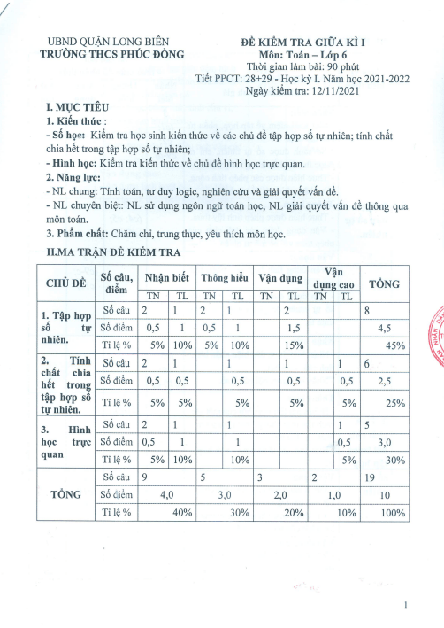 Đề kiểm tra giữa kì 1 Toán 6 năm 2021 – 2022 trường THCS Phúc Đồng – Hà Nội