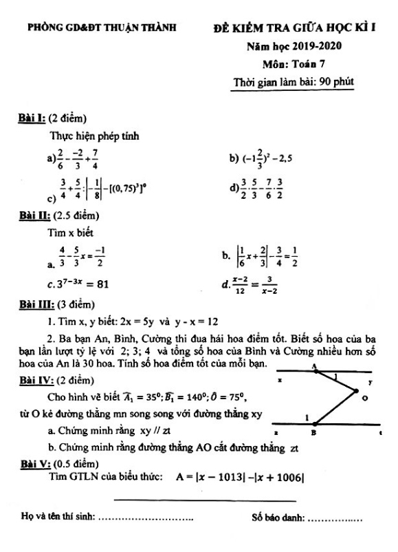 Đề kiểm tra giữa kì 1 Toán 7 năm 2019 – 2020 phòng GD&ĐT Thuận Thành – Bắc Ninh