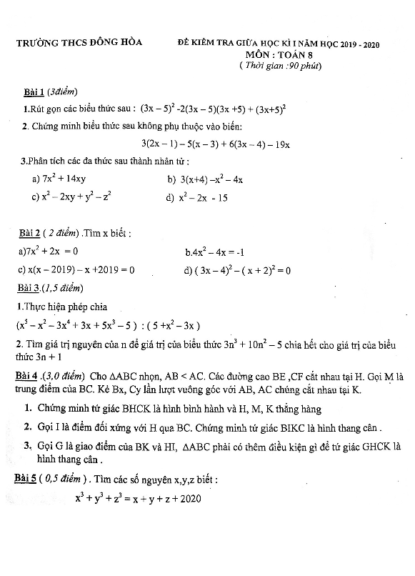 Đề kiểm tra giữa kì 1 Toán 8 năm 2019 – 2020 trường THCS Đông Hòa – Thái Bình