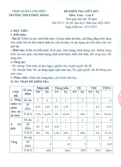 Đề kiểm tra giữa kì 1 Toán 8 năm 2021 – 2022 trường THCS Phúc Đồng – Hà Nội