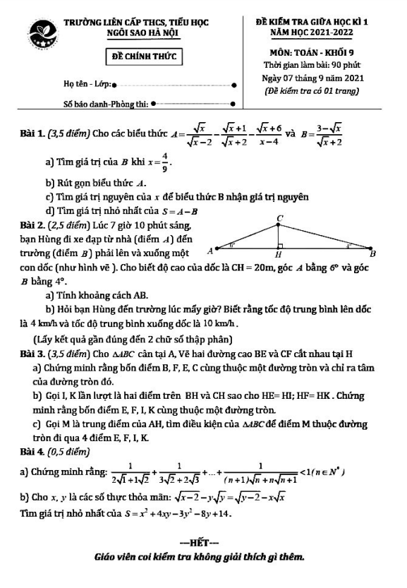 Đề kiểm tra giữa kì 1 Toán 9 năm 2021 – 2022 trường TH&THCS Ngôi Sao Hà Nội