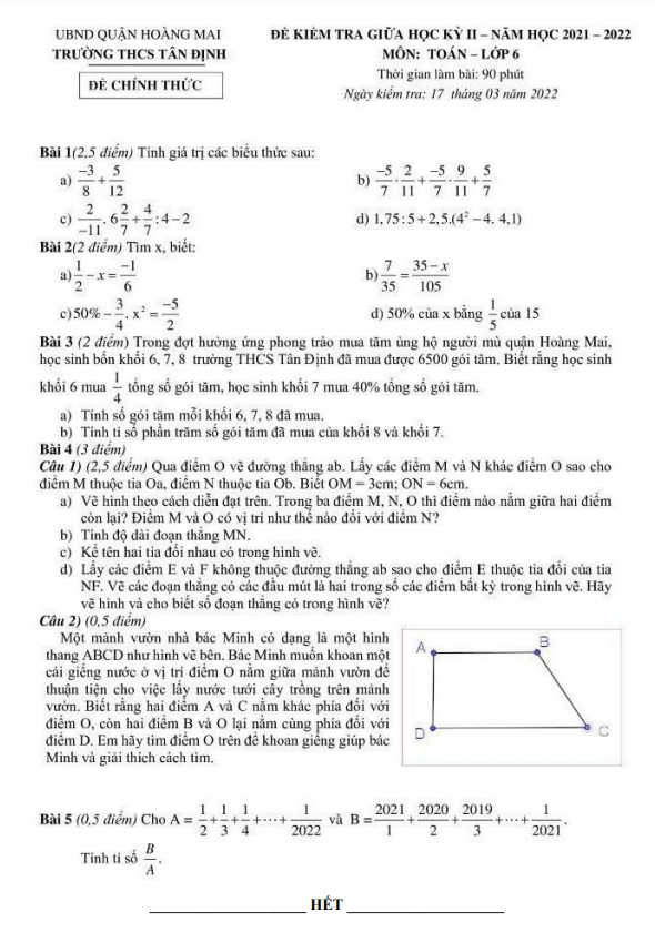 Đề kiểm tra giữa kì 2 Toán 6 năm 2021 – 2022 trường THCS Tân Định – Hà Nội