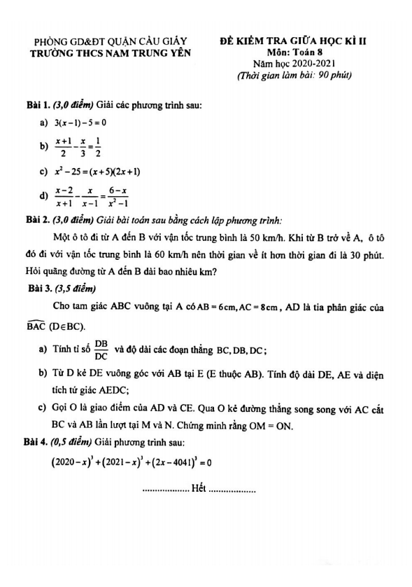 Đề kiểm tra giữa kì 2 Toán 8 năm 2020 – 2021 trường Nam Trung Yên – Hà Nội