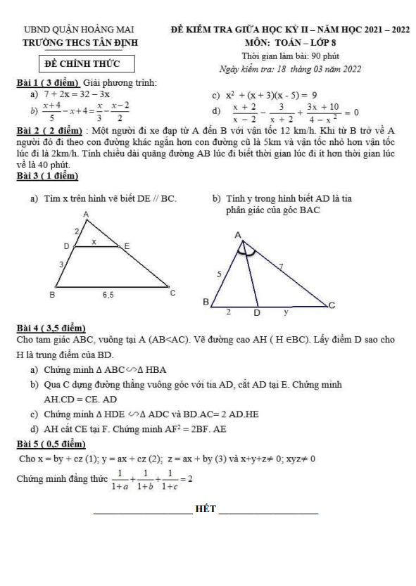 Đề kiểm tra giữa kì 2 Toán 8 năm 2021 – 2022 trường THCS Tân Định – Hà Nội