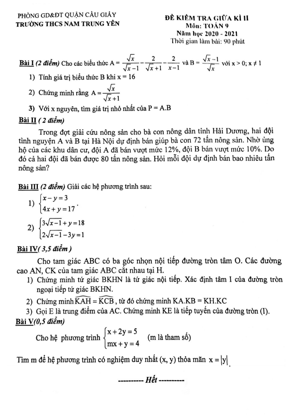 Đề kiểm tra giữa kì 2 Toán 9 năm 2020 – 2021 trường Nam Trung Yên – Hà Nội