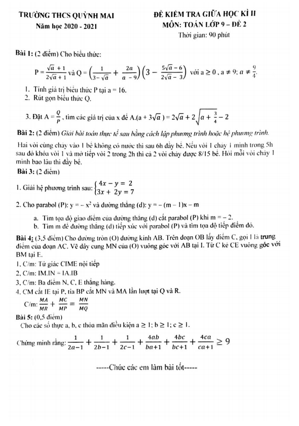 Đề kiểm tra giữa kì 2 Toán 9 năm 2020 – 2021 trường Quỳnh Mai – Hà Nội