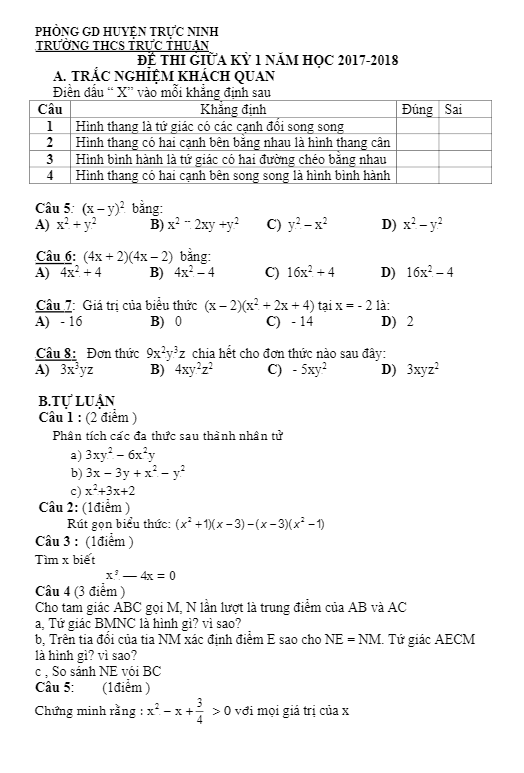 Đề kiểm tra giữa kỳ 1 năm học 2017 – 2018 môn Toán 8 trường THCS Trực Thuận – Nam Định