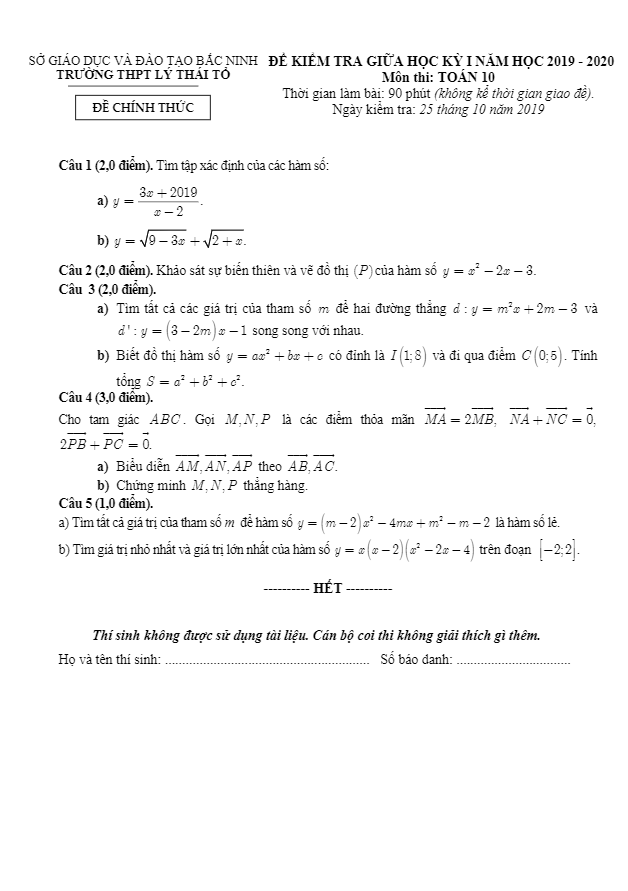 Đề kiểm tra giữa kỳ 1 Toán 10 năm 2019 – 2020 trường Lý Thái Tổ – Bắc Ninh