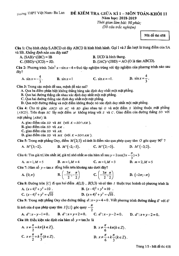 Đề kiểm tra giữa kỳ 1 Toán 11 năm 2018 – 2019 trường THPT Việt Nam – Ba Lan – Hà Nội