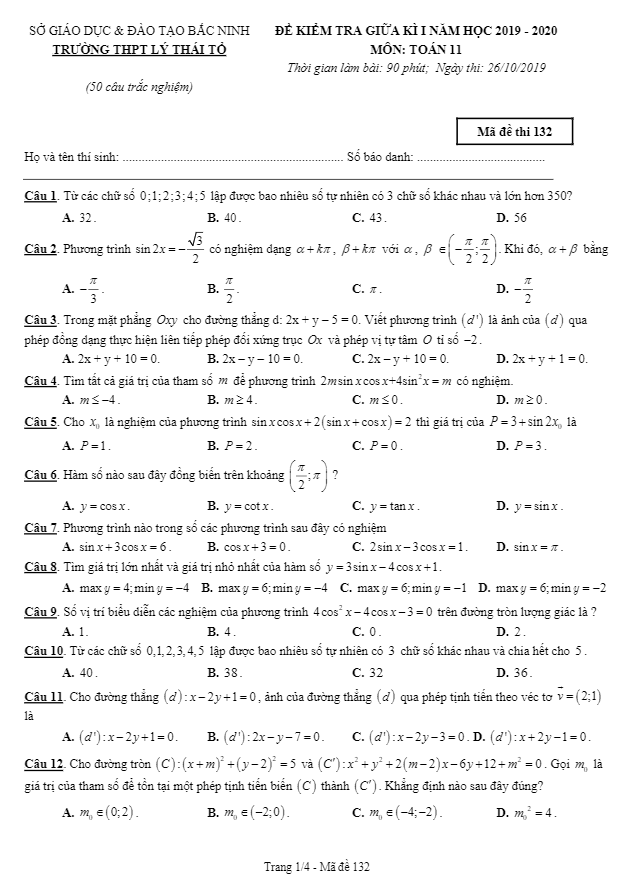 Đề kiểm tra giữa kỳ 1 Toán 11 năm 2019 – 2020 trường Lý Thái Tổ – Bắc Ninh