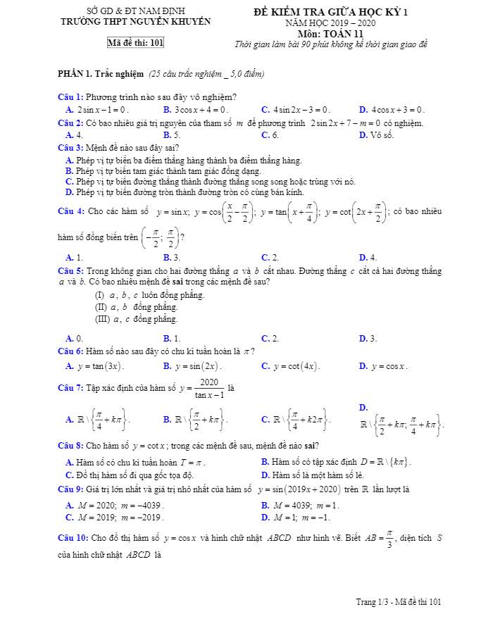 Đề kiểm tra giữa kỳ 1 Toán 11 năm 2019 – 2020 trường Nguyễn Khuyến – Nam Định