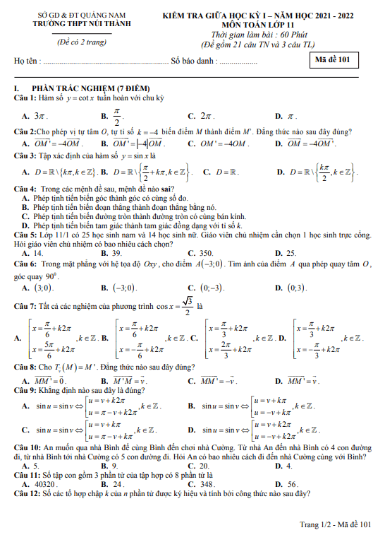 Đề kiểm tra giữa kỳ 1 Toán 11 năm 2021 – 2022 trường THPT Núi Thành – Quảng Nam