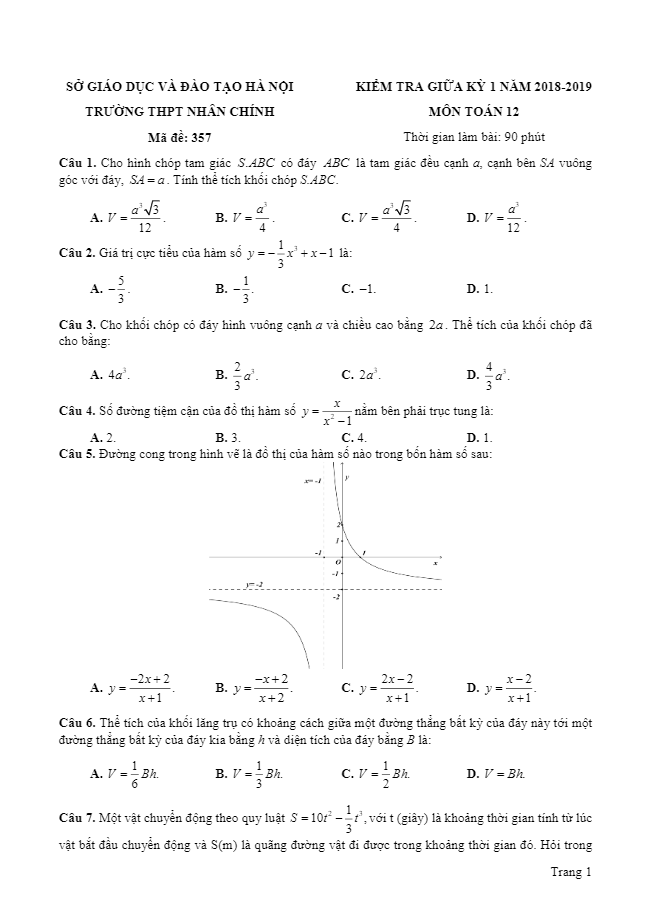 Đề kiểm tra giữa kỳ 1 Toán 12 năm học 2018 – 2019 trường THPT Nhân Chính – Hà Nội