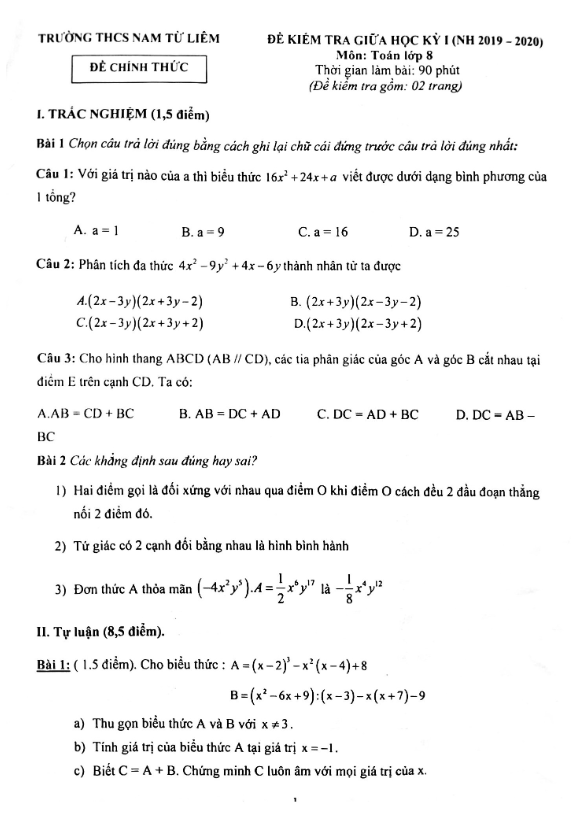 Đề kiểm tra giữa kỳ 1 Toán 8 năm 2019 – 2020 trường Nam Từ Liêm – Hà Nội