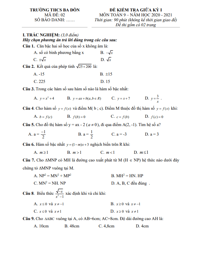 Đề kiểm tra giữa kỳ 1 Toán 9 năm 2020 – 2021 trường THCS Ba Đồn – Quảng Bình