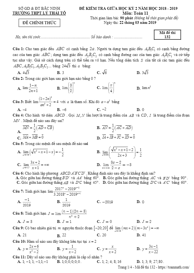 Đề kiểm tra giữa kỳ 2 Toán 11 năm 2018 – 2019 trường Lý Thái Tổ – Bắc Ninh