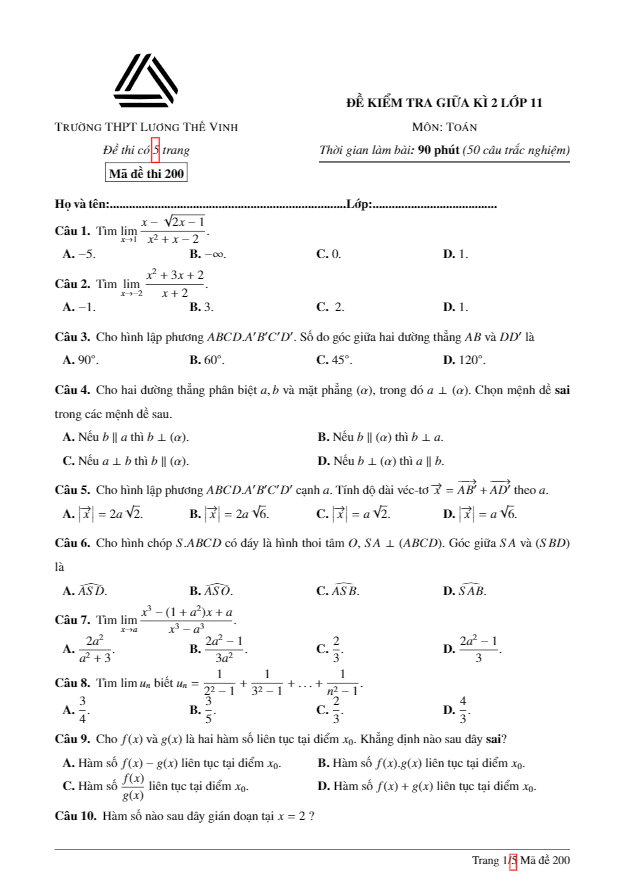 Đề kiểm tra giữa kỳ 2 Toán 11 trường THPT Lương Thế Vinh – Hà Nội