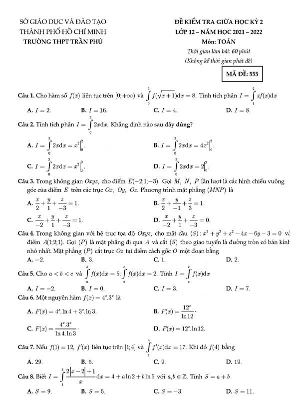 Đề kiểm tra giữa kỳ 2 Toán 12 năm 2021 – 2022 trường THPT Trần Phú – TP HCM