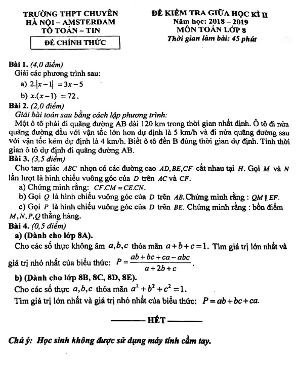 Đề kiểm tra giữa kỳ 2 Toán 8 năm 2018 – 2019 trường chuyên Hà Nội – Amsterdam
