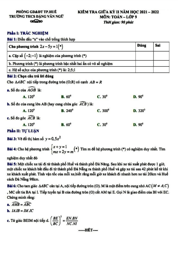 Đề kiểm tra giữa kỳ 2 Toán 9 năm 2021 – 2022 trường THCS Đặng Văn Ngữ – TT Huế