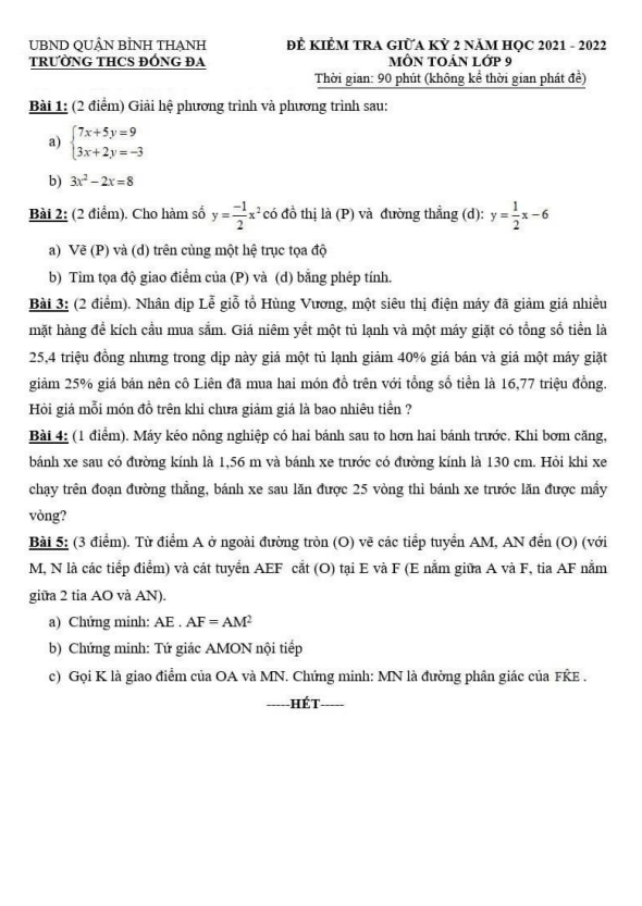Đề kiểm tra giữa kỳ 2 Toán 9 năm 2021 – 2022 trường THCS Đống Đa – TP HCM