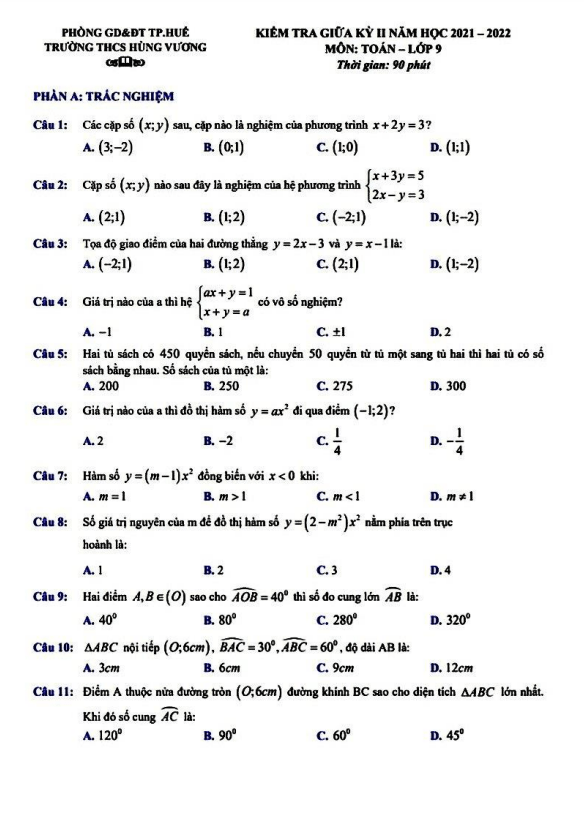 Đề kiểm tra giữa kỳ 2 Toán 9 năm 2021 – 2022 trường THCS Hùng Vương – TT Huế