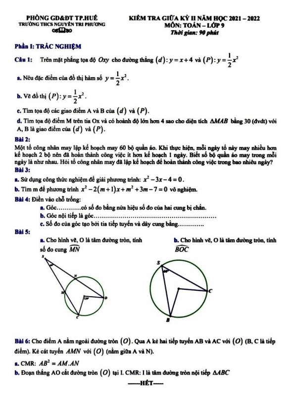 Đề kiểm tra giữa kỳ 2 Toán 9 năm 2021 – 2022 trường THCS Nguyễn Tri Phương – TT Huế