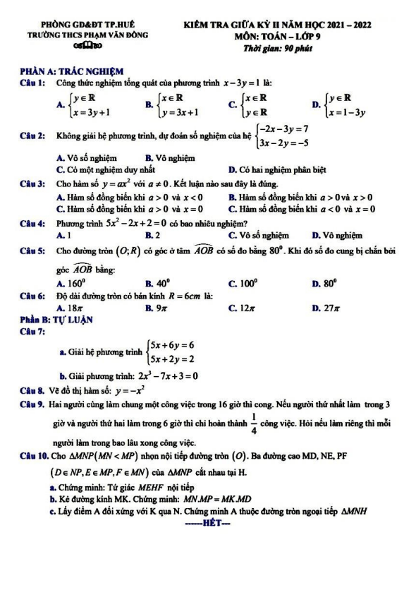 Đề kiểm tra giữa kỳ 2 Toán 9 năm 2021 – 2022 trường THCS Phạm Văn Đồng – TT Huế