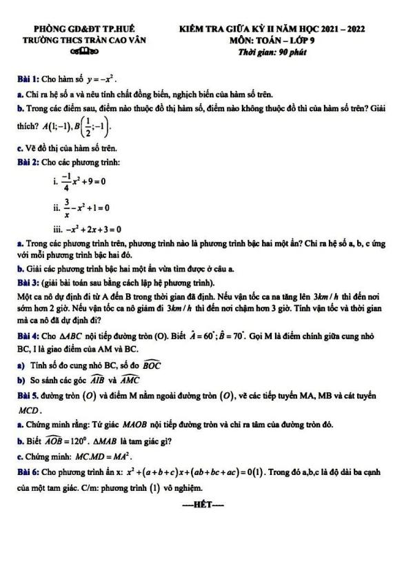 Đề kiểm tra giữa kỳ 2 Toán 9 năm 2021 – 2022 trường THCS Trần Cao Vân – TT Huế