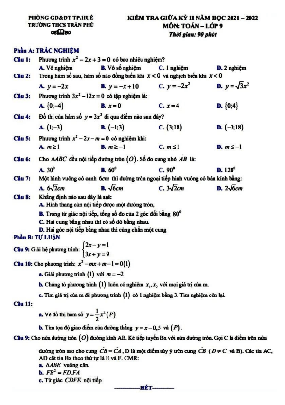 Đề kiểm tra giữa kỳ 2 Toán 9 năm 2021 – 2022 trường THCS Trần Phú – TT Huế